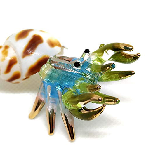 Sansukjai Seashell Hermit Crab Miniature Figurines Animals Hand Blown Glass Art Collectible Gift Decorate Blue Tone 